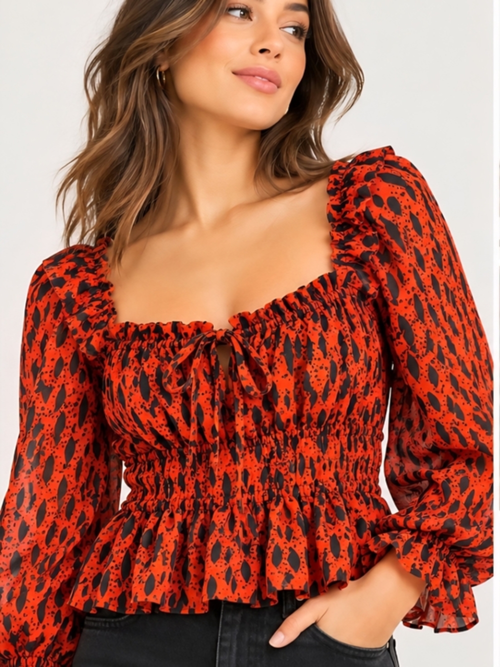 Topshop Petite Orange Black Leopard Print Ruffle Top